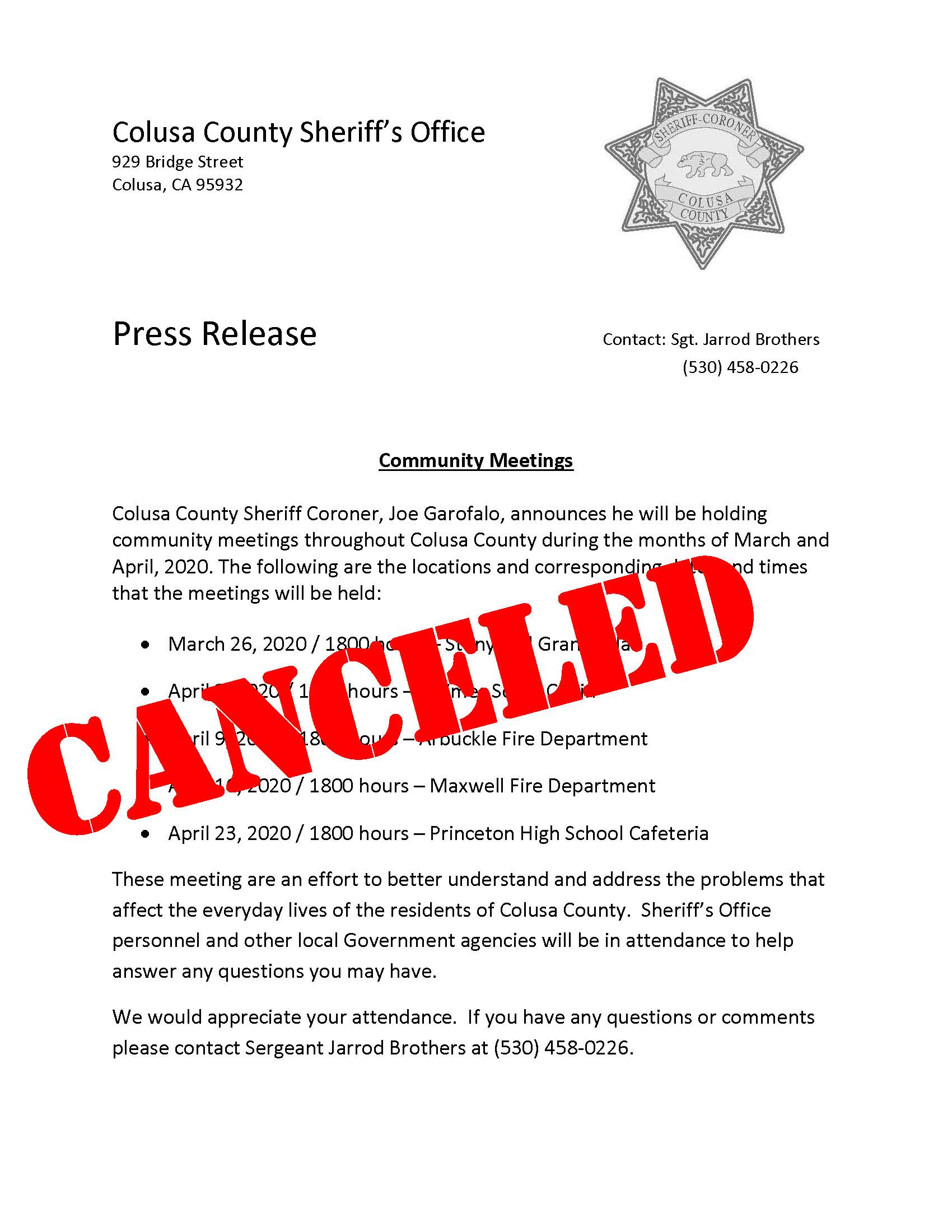 Community Meetings Canceled